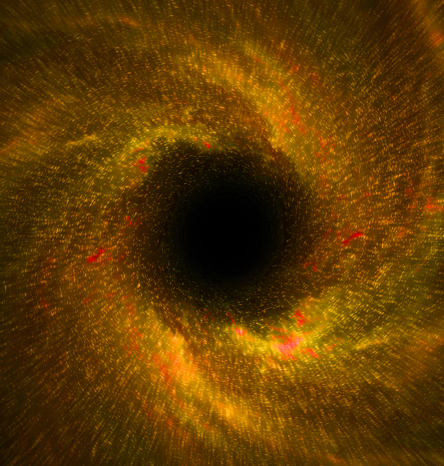 Orange and red stars swirling into a black tunnel-looking hole in space.
